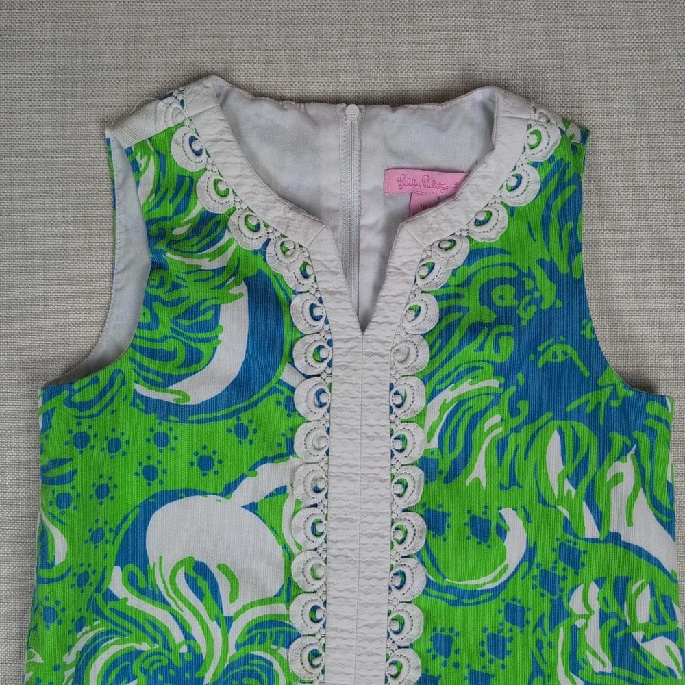 Lilly Pulitzer Girls 10 First Impression Lion Shift Dress Green Blue Lace Tie